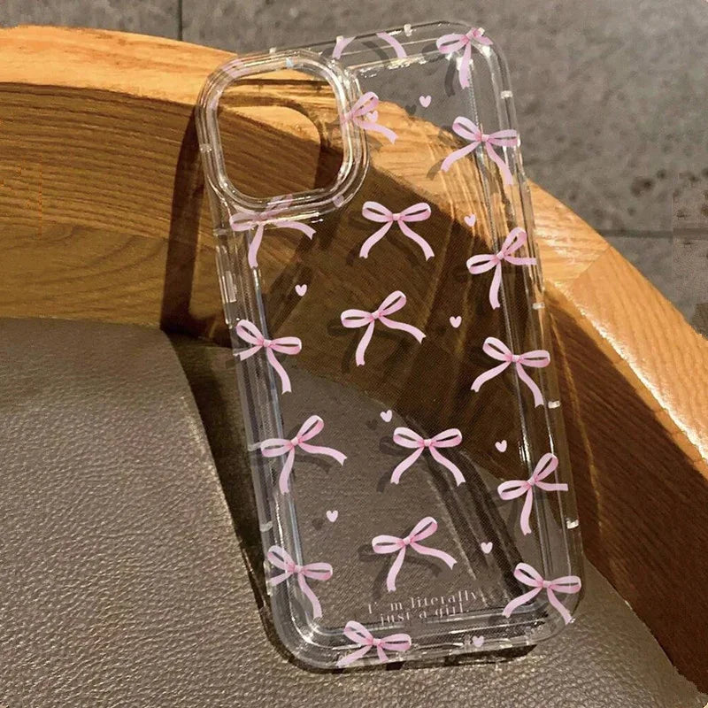 Cute Pink Heart Bow Phone Case for IPhone 17 16 15 14 13 12 11 Pro Max 13 12 Mini 17Air 16e Shockproof Soft Clear Cases Coque