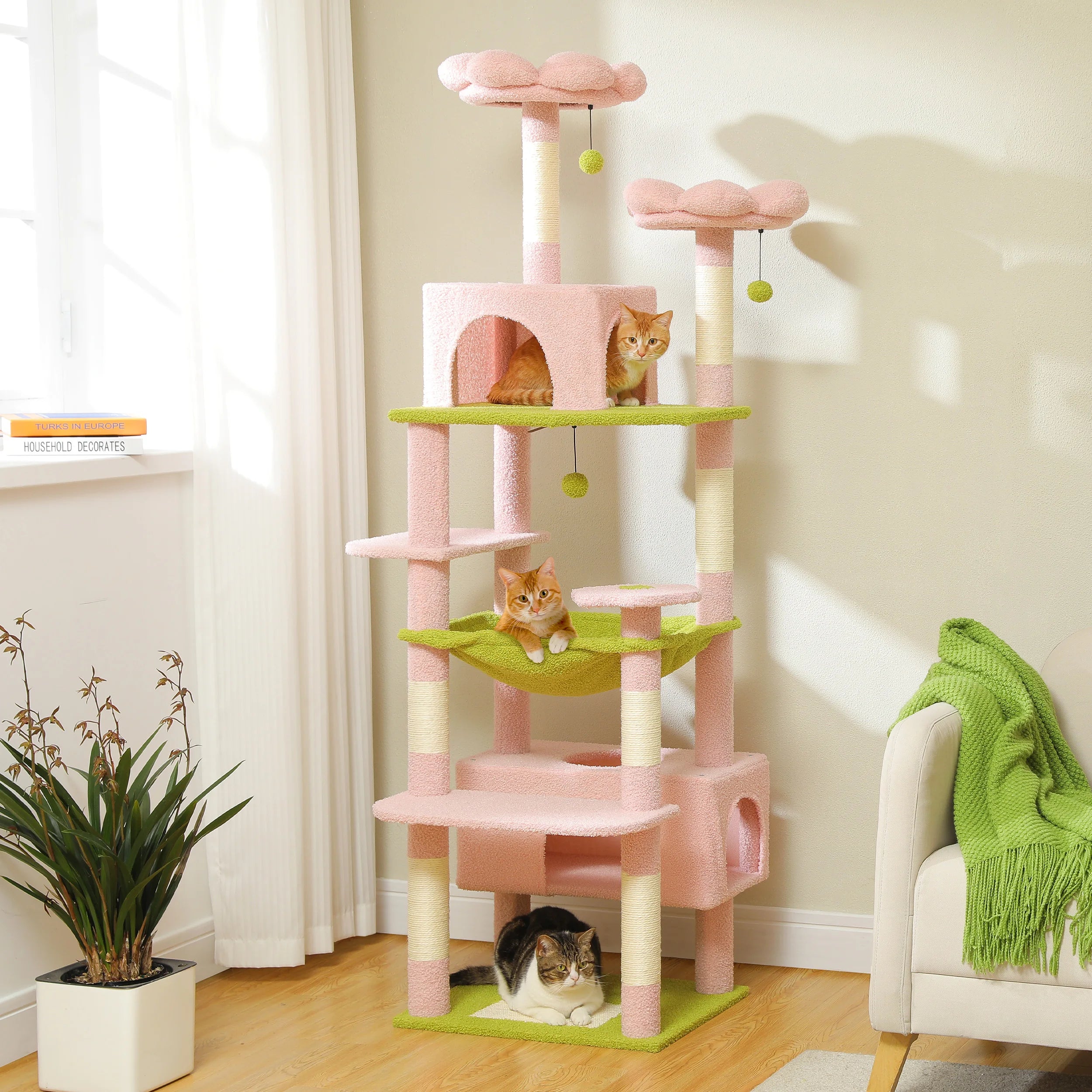 Multi-Level Cat Tree Tower with Scratching Posts&Board, Hammock, Cat Condo, Spacious Top Perch,Dangling Balls for Indoor Cats